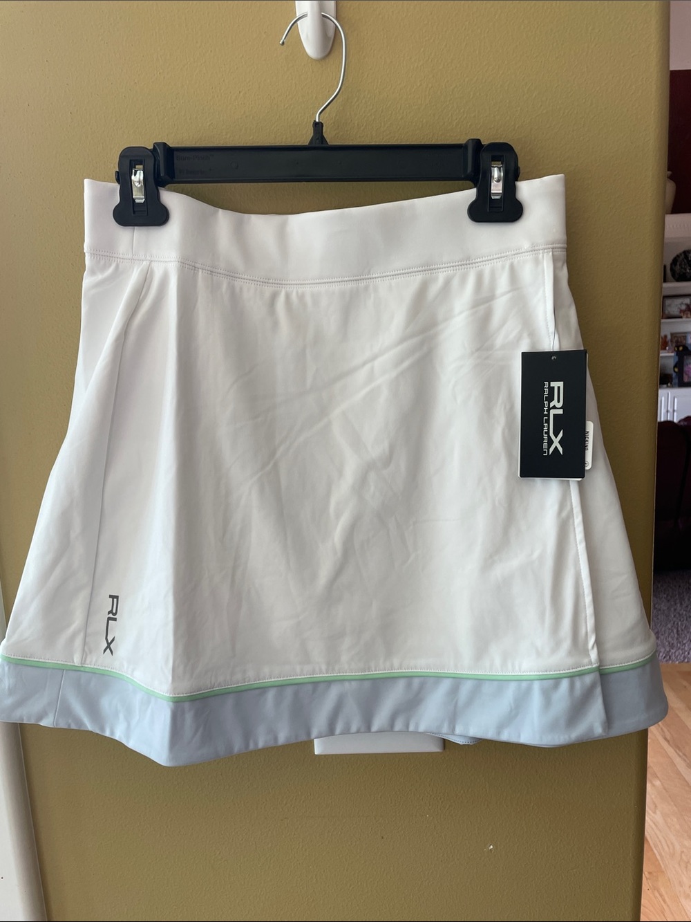 NWT RLX Ralph Lauren White Athletic Skort with Gray Hem and Lime Trim